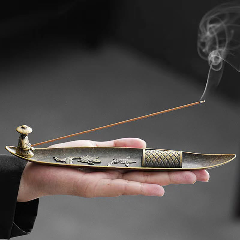 Mythstone Fisherman Boat Koi Fish Zinc Alloy Incense Stick Holder Healing Incense Burner Decoration