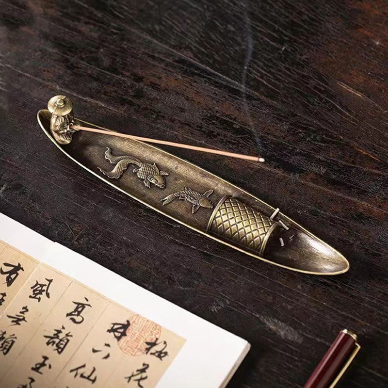 Mythstone Fisherman Boat Koi Fish Zinc Alloy Incense Stick Holder Healing Incense Burner Decoration