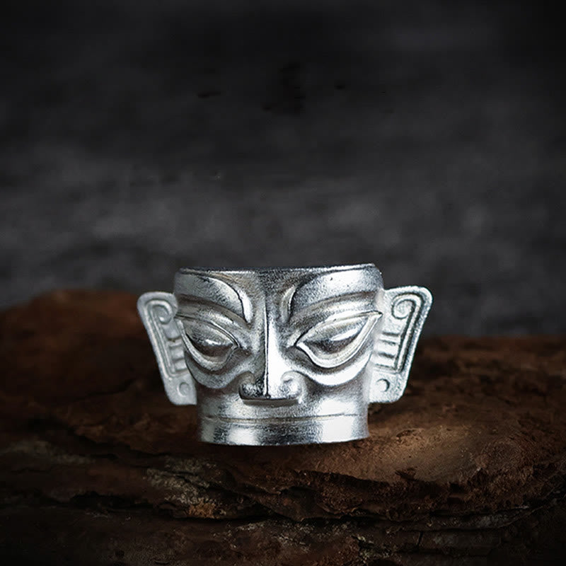 Mythstone 999 Sterling Silver Hand Casting Sanxingdui Mask Protection Ring