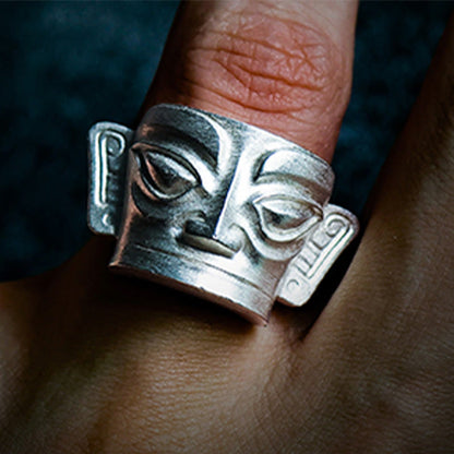 Mythstone 999 Sterling Silver Hand Casting Sanxingdui Mask Protection Ring