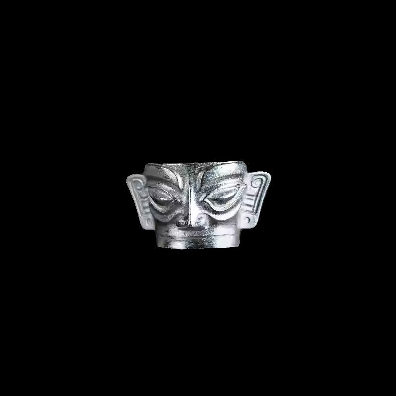 Mythstone 999 Sterling Silver Hand Casting Sanxingdui Mask Protection Ring