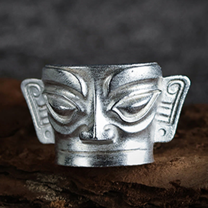 Mythstone 999 Sterling Silver Hand Casting Sanxingdui Mask Protection Ring