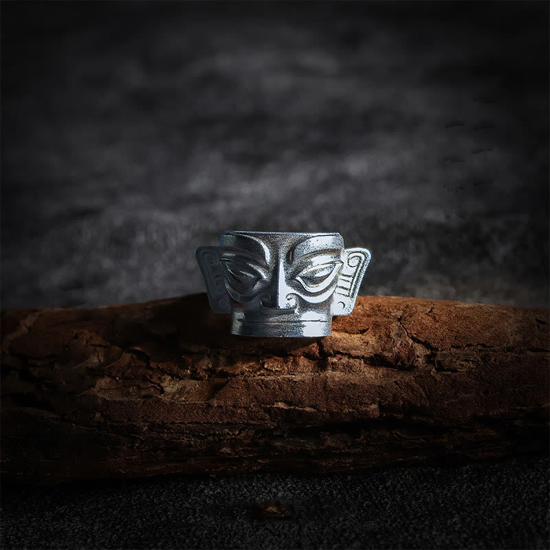 Mythstone 999 Sterling Silver Hand Casting Sanxingdui Mask Protection Ring