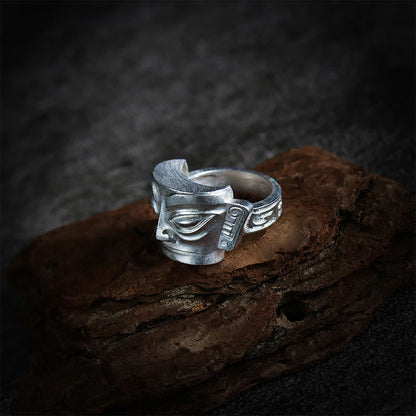 Mythstone 999 Sterling Silver Hand Casting Sanxingdui Mask Protection Ring