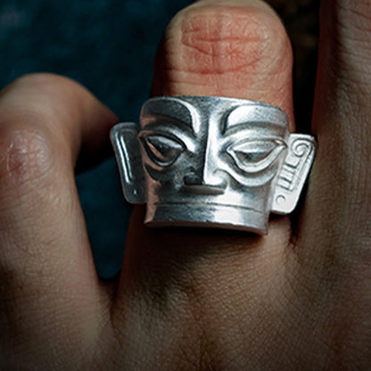 Mythstone 999 Sterling Silver Hand Casting Sanxingdui Mask Protection Ring