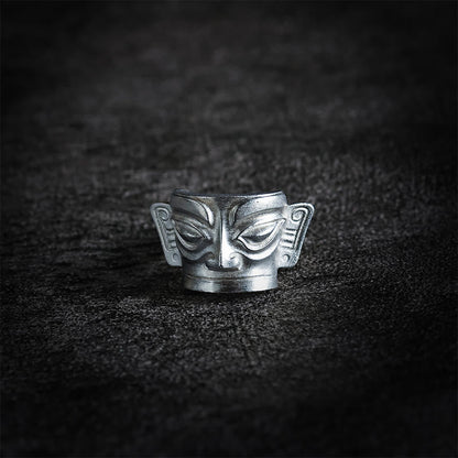 Mythstone 999 Sterling Silver Hand Casting Sanxingdui Mask Protection Ring