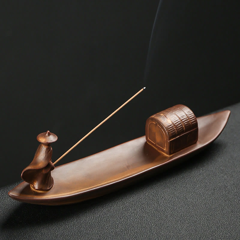 Mythstone Fisherman Fishing Boat Bamboo Buddha Hand Lotus Spiritual Healing Ceramic Stick Incense Burner Decoration