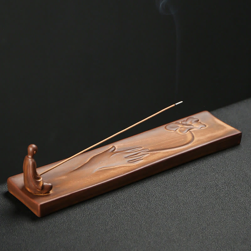 Mythstone Fisherman Fishing Boat Bamboo Buddha Hand Lotus Spiritual Healing Ceramic Stick Incense Burner Decoration