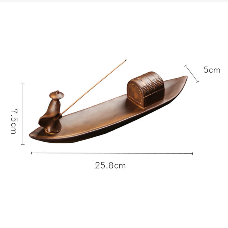 Mythstone Fisherman Fishing Boat Bamboo Buddha Hand Lotus Spiritual Healing Ceramic Stick Incense Burner Decoration