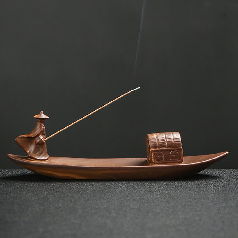 Mythstone Fisherman Fishing Boat Bamboo Buddha Hand Lotus Spiritual Healing Ceramic Stick Incense Burner Decoration