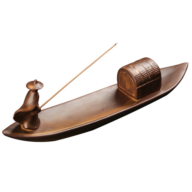 Mythstone Fisherman Fishing Boat Bamboo Buddha Hand Lotus Spiritual Healing Ceramic Stick Incense Burner Decoration