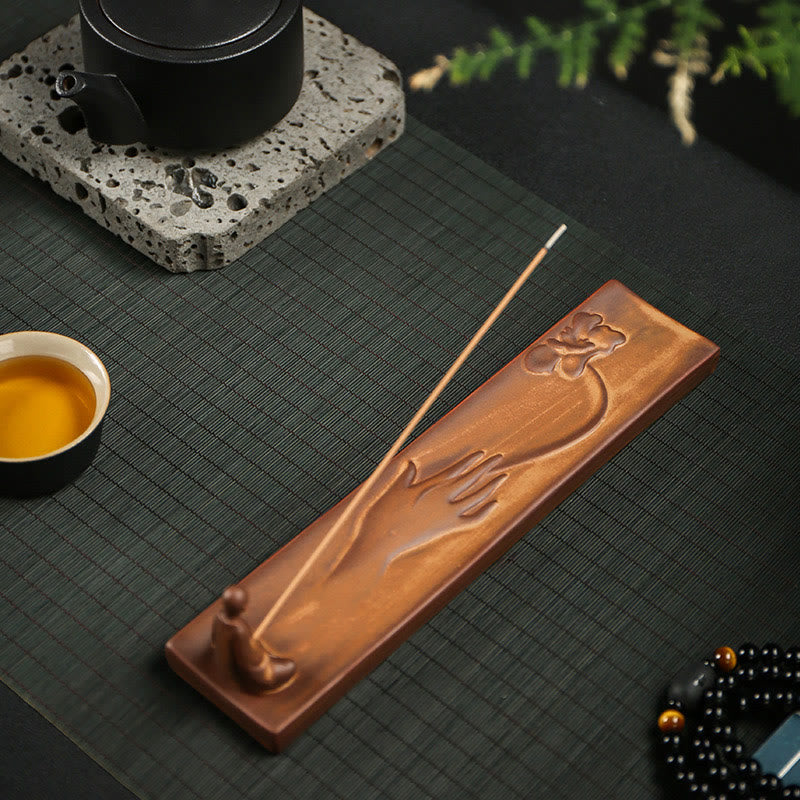 Mythstone Fisherman Fishing Boat Bamboo Buddha Hand Lotus Spiritual Healing Ceramic Stick Incense Burner Decoration