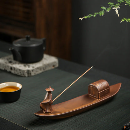 Mythstone Fisherman Fishing Boat Bamboo Buddha Hand Lotus Spiritual Healing Ceramic Stick Incense Burner Decoration