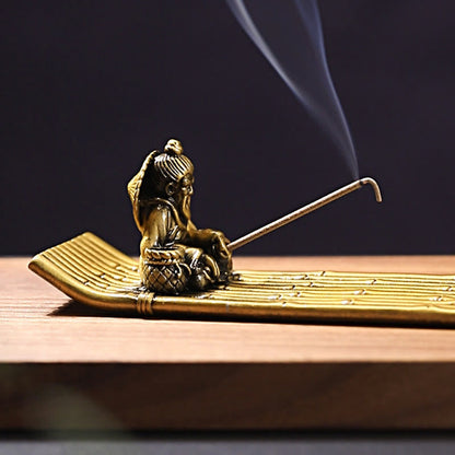 Mythstone Fisherman Bamboo Fishing Boat Alloy Incense Stick Holder Healing Incense Burner Decoration