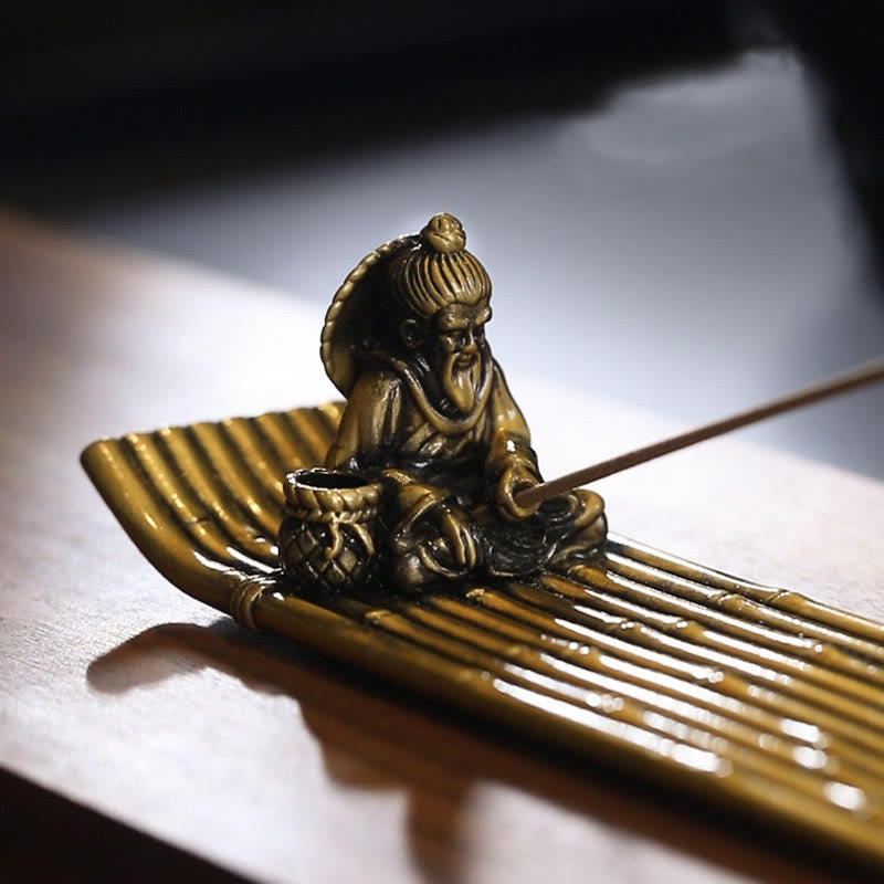 Mythstone Fisherman Bamboo Fishing Boat Alloy Incense Stick Holder Healing Incense Burner Decoration