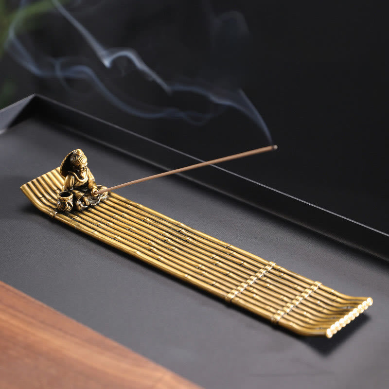 Mythstone Fisherman Bamboo Fishing Boat Alloy Incense Stick Holder Healing Incense Burner Decoration