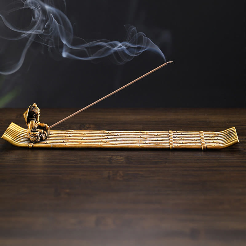 Mythstone Fisherman Bamboo Fishing Boat Alloy Incense Stick Holder Healing Incense Burner Decoration