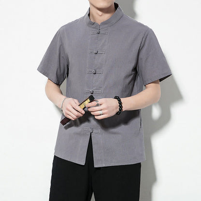 Mythstone Casual Solid Color Front Frog Buttons Chinese Tang Suit Short Sleeve Linen Men's Shirt