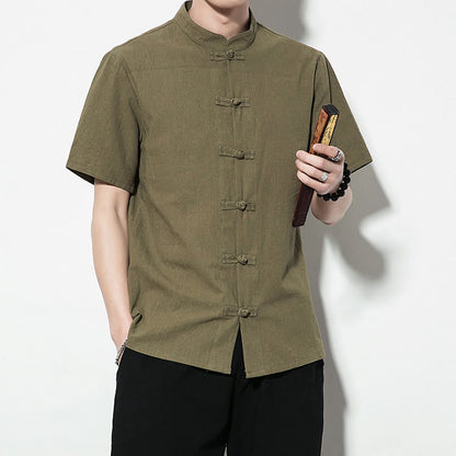 Mythstone Casual Solid Color Front Frog Buttons Chinese Tang Suit Short Sleeve Linen Men's Shirt