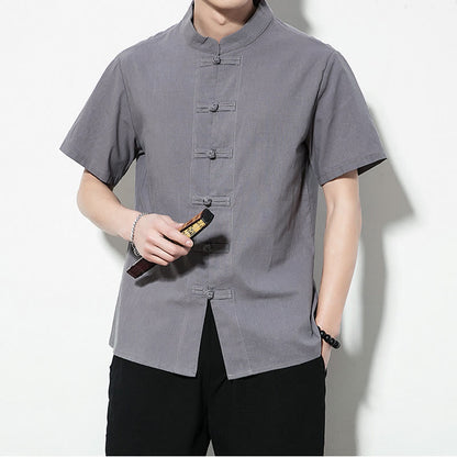 Mythstone Casual Solid Color Front Frog Buttons Chinese Tang Suit Short Sleeve Linen Men's Shirt