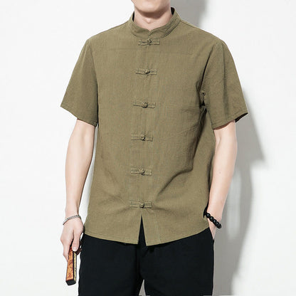 Mythstone Casual Solid Color Front Frog Buttons Chinese Tang Suit Short Sleeve Linen Men's Shirt