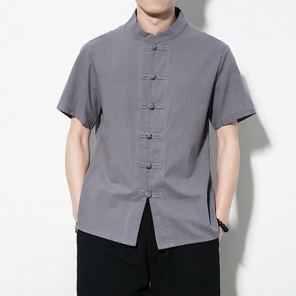 Mythstone Casual Solid Color Front Frog Buttons Chinese Tang Suit Short Sleeve Linen Men's Shirt