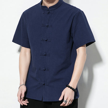 Mythstone Casual Solid Color Front Frog Buttons Chinese Tang Suit Short Sleeve Linen Men's Shirt