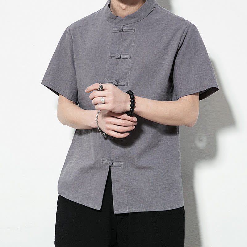 Mythstone Casual Solid Color Front Frog Buttons Chinese Tang Suit Short Sleeve Linen Men's Shirt