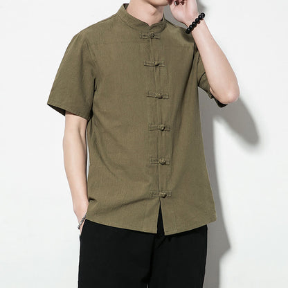 Mythstone Casual Solid Color Front Frog Buttons Chinese Tang Suit Short Sleeve Linen Men's Shirt