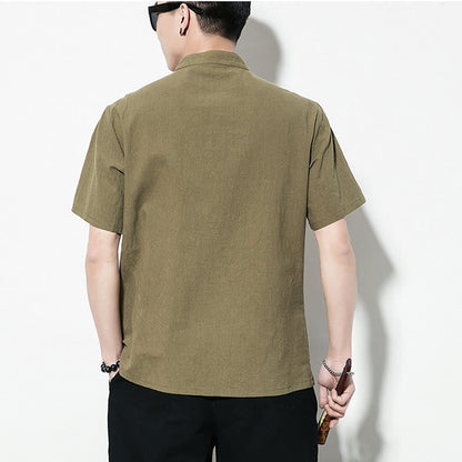 Mythstone Casual Solid Color Front Frog Buttons Chinese Tang Suit Short Sleeve Linen Men's Shirt