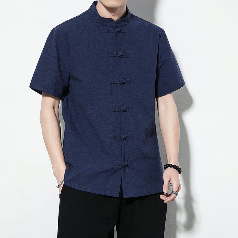 Mythstone Casual Solid Color Front Frog Buttons Chinese Tang Suit Short Sleeve Linen Men's Shirt