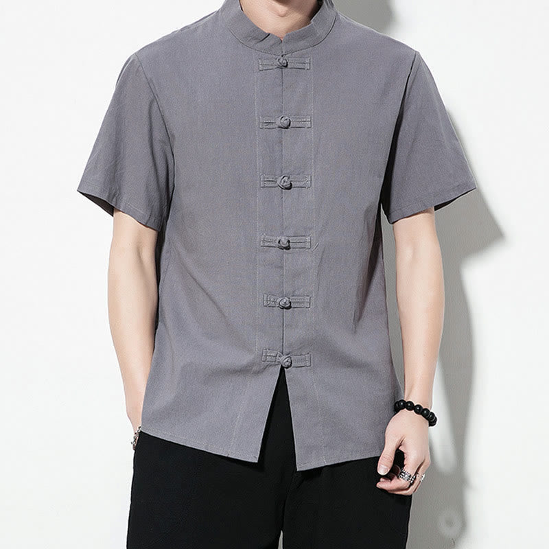 Mythstone Casual Solid Color Front Frog Buttons Chinese Tang Suit Short Sleeve Linen Men's Shirt