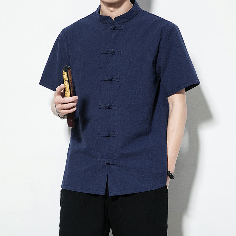 Mythstone Casual Solid Color Front Frog Buttons Chinese Tang Suit Short Sleeve Linen Men's Shirt