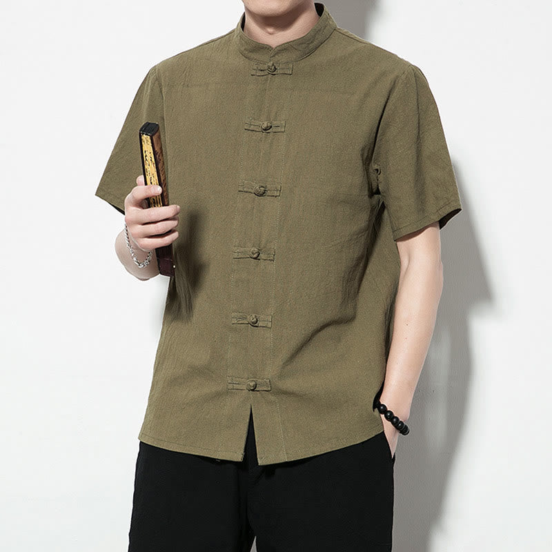 Mythstone Casual Solid Color Front Frog Buttons Chinese Tang Suit Short Sleeve Linen Men's Shirt