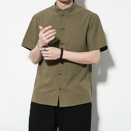 Mythstone Casual Solid Color Front Frog Buttons Chinese Tang Suit Short Sleeve Linen Men's Shirt