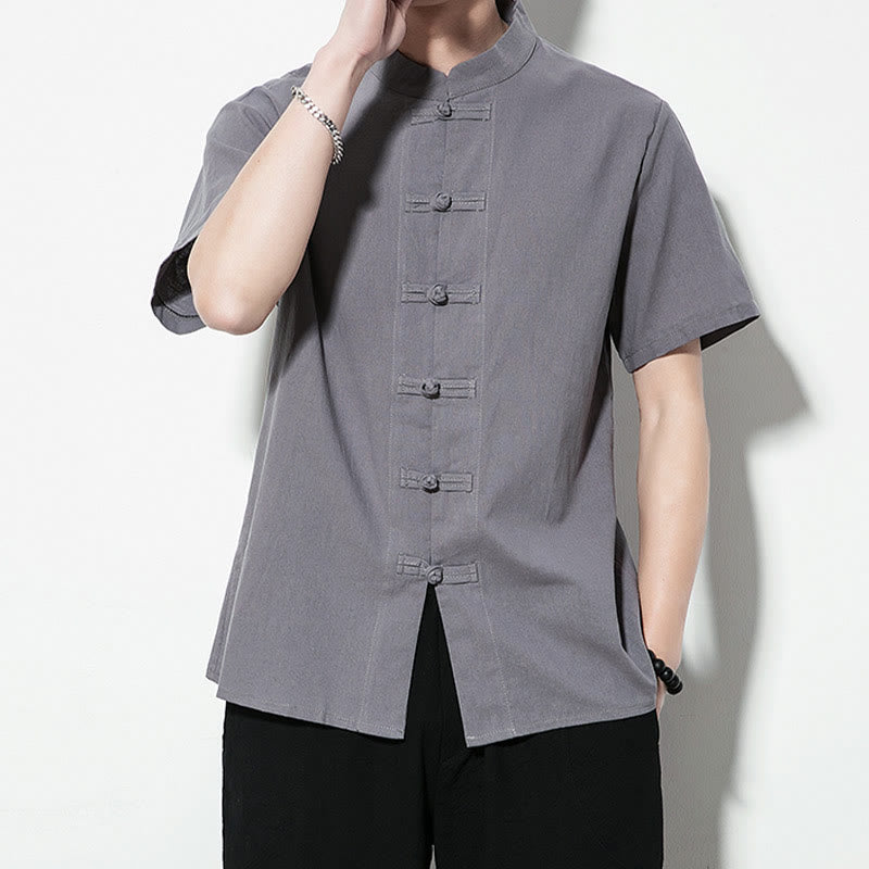 Mythstone Casual Solid Color Front Frog Buttons Chinese Tang Suit Short Sleeve Linen Men's Shirt