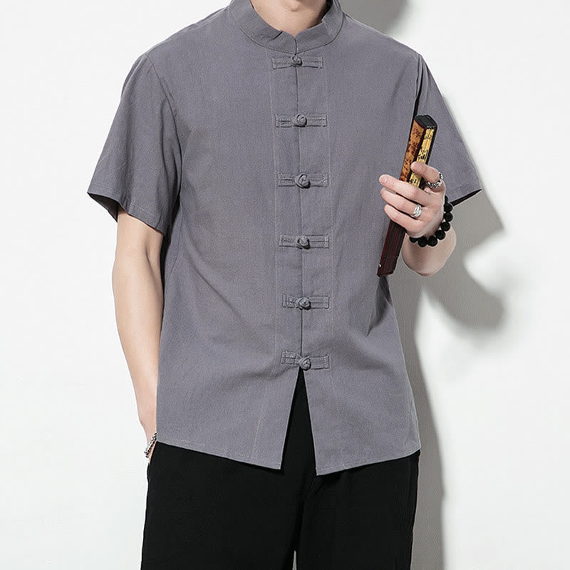 Mythstone Casual Solid Color Front Frog Buttons Chinese Tang Suit Short Sleeve Linen Men's Shirt