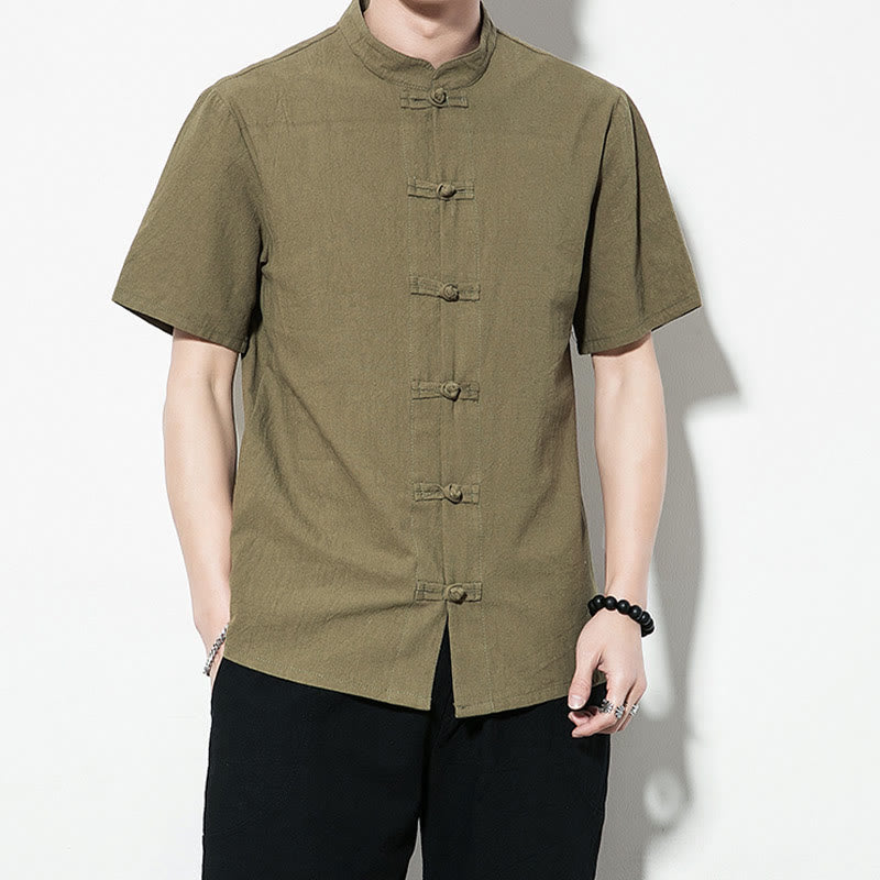 Mythstone Casual Solid Color Front Frog Buttons Chinese Tang Suit Short Sleeve Linen Men's Shirt