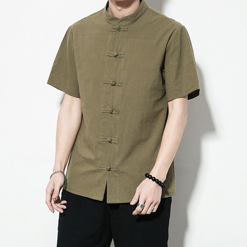 Mythstone Casual Solid Color Front Frog Buttons Chinese Tang Suit Short Sleeve Linen Men's Shirt