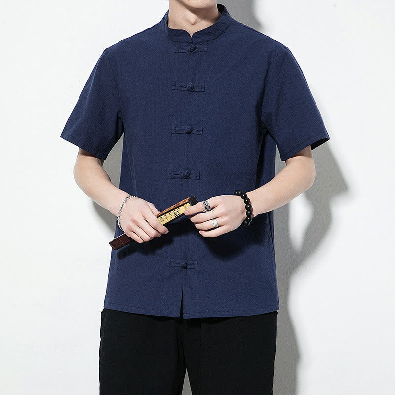 Mythstone Casual Solid Color Front Frog Buttons Chinese Tang Suit Short Sleeve Linen Men's Shirt