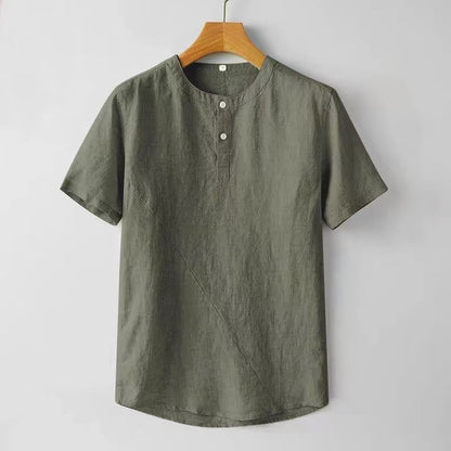 Mythstone Solid Color Short Sleeve Two Top Buttons Cotton Linen Men's  Shirt