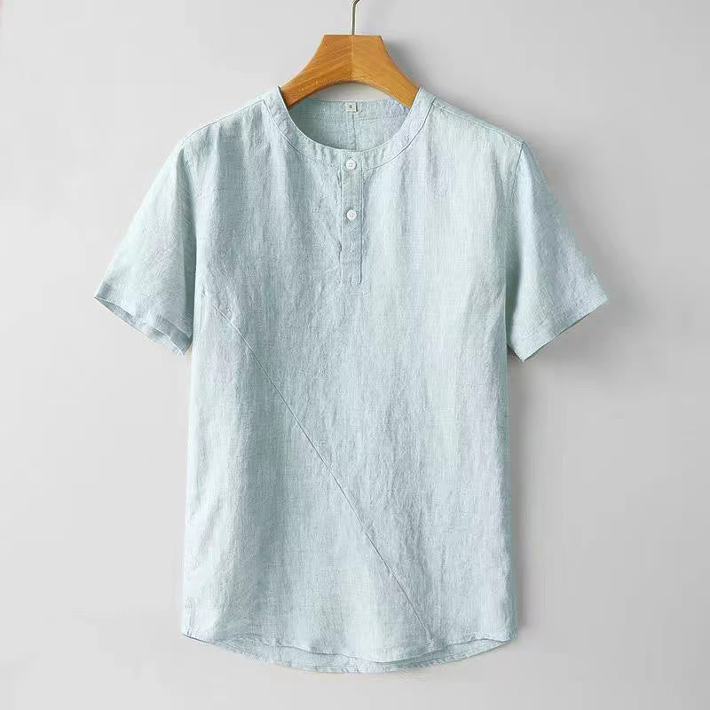 Mythstone Solid Color Short Sleeve Two Top Buttons Cotton Linen Men's  Shirt