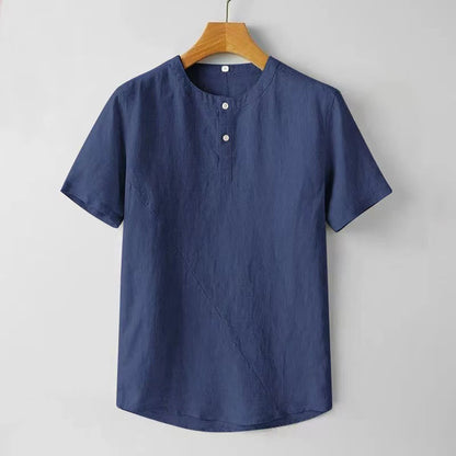 Mythstone Solid Color Short Sleeve Two Top Buttons Cotton Linen Men's  Shirt