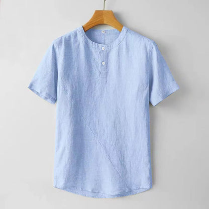 Mythstone Solid Color Short Sleeve Two Top Buttons Cotton Linen Men's  Shirt