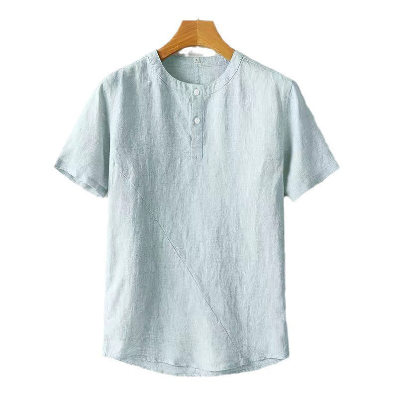 Mythstone Solid Color Short Sleeve Two Top Buttons Cotton Linen Men's  Shirt