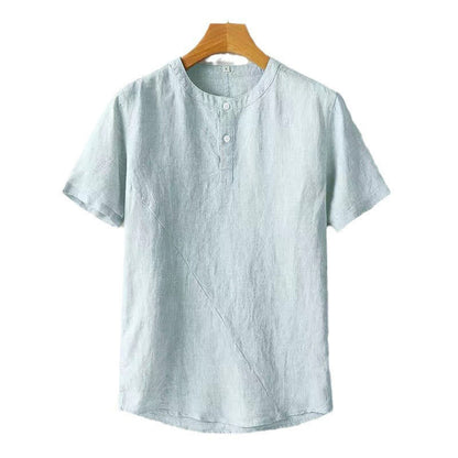 Mythstone Solid Color Short Sleeve Two Top Buttons Cotton Linen Men's  Shirt