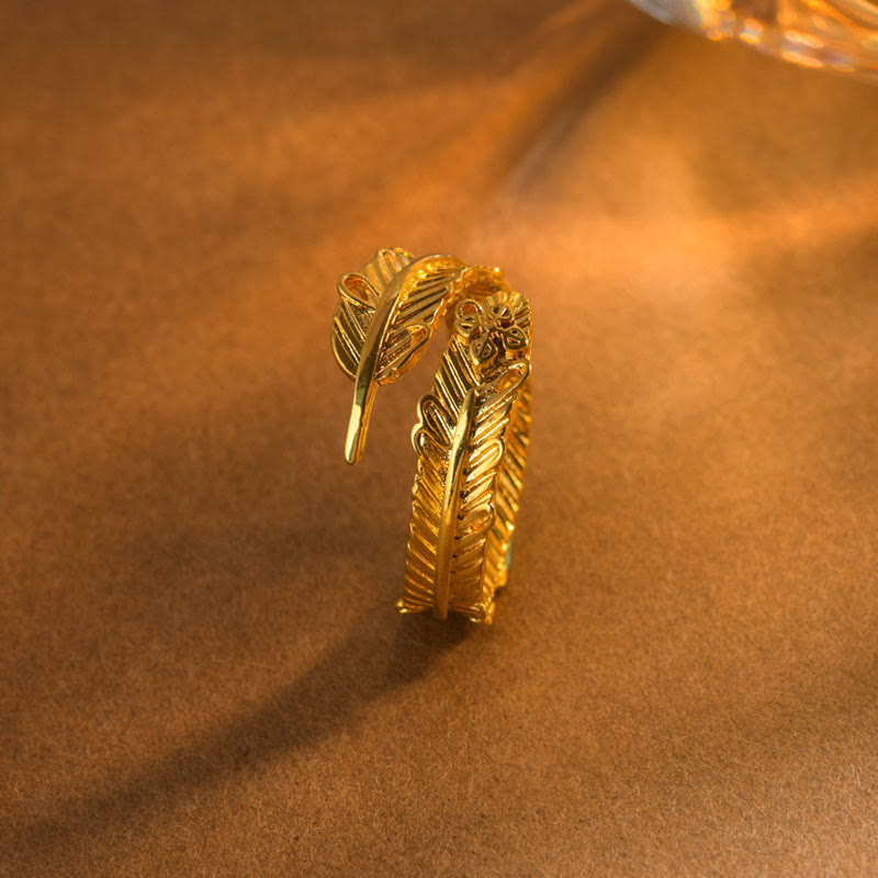 Mythstone River Gold Plated Copper Feather Design Wealth Ring