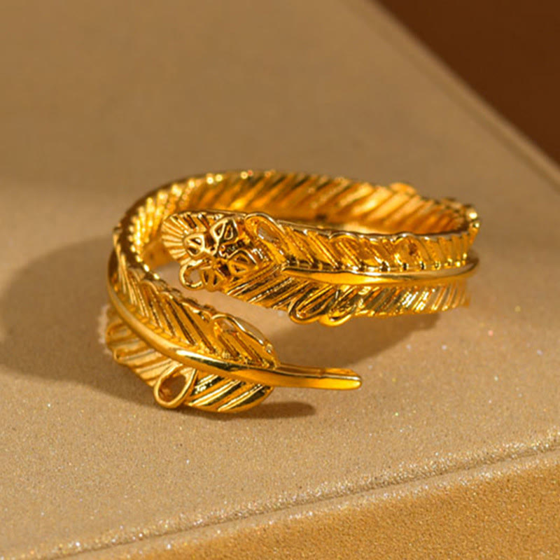 Mythstone River Gold Plated Copper Feather Design Wealth Ring