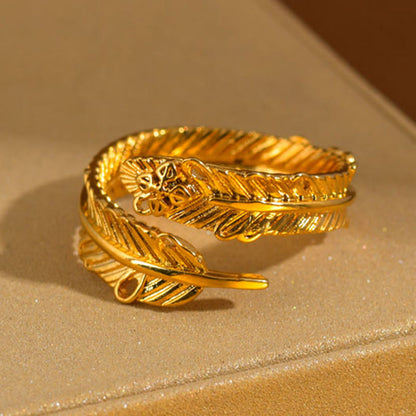 Mythstone River Gold Plated Copper Feather Design Wealth Ring