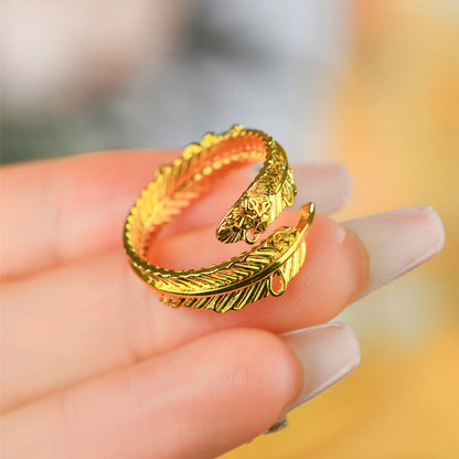 Mythstone River Gold Plated Copper Feather Design Wealth Ring